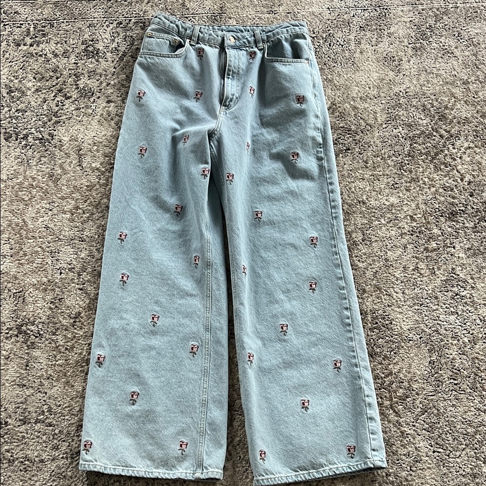 FARM Rio Light Blue Rose Embroidered Wide Leg Jeans
